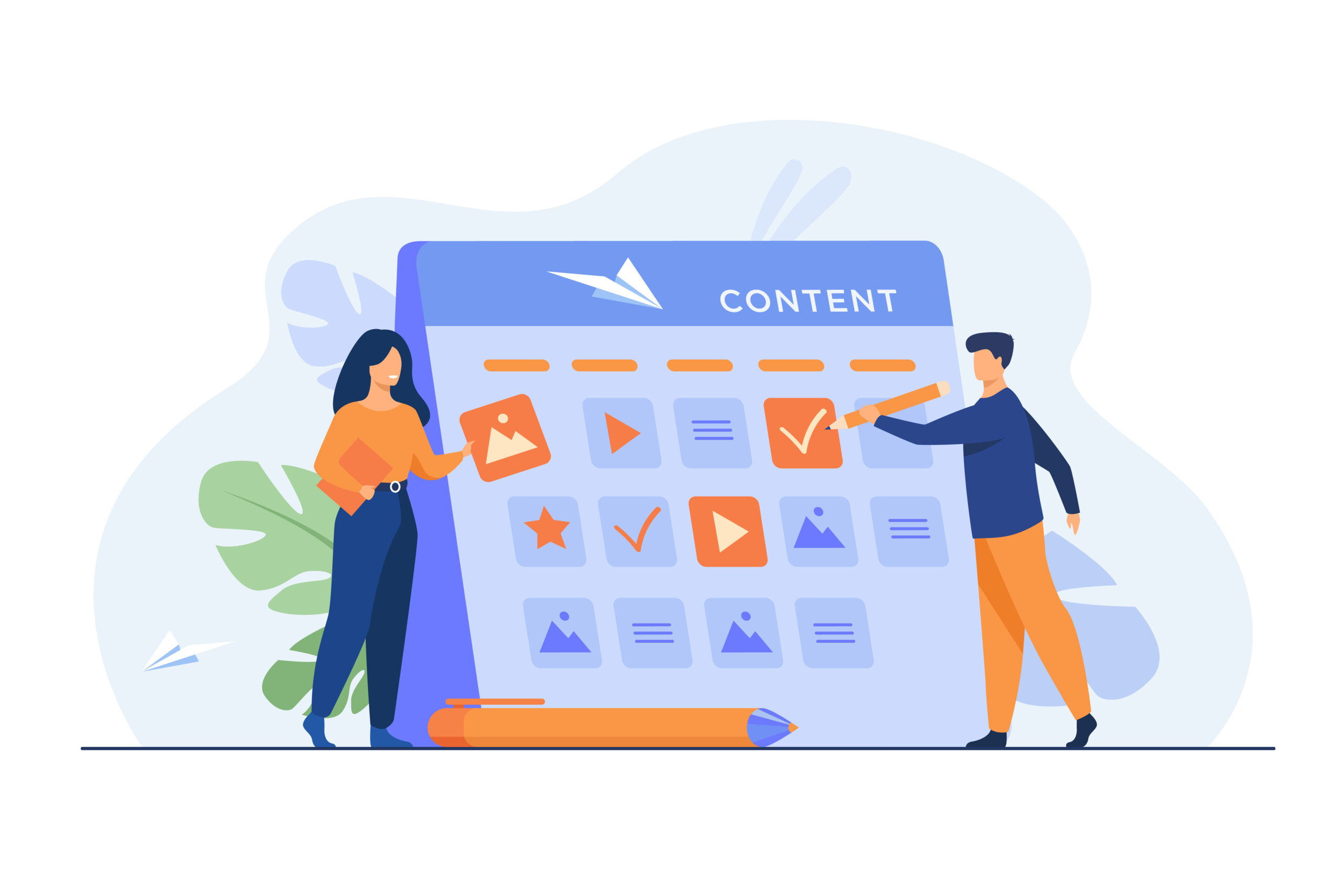 Happy SEO planning campaign for social media isolated flat vector illustration. Cartoon tiny characters standing near calendar with plan for website content. development and communication concept