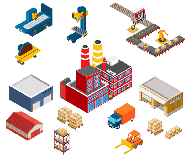 Illustrations of a manufacturing and logistics processes to represent this SharePoint for manufacturer case study.