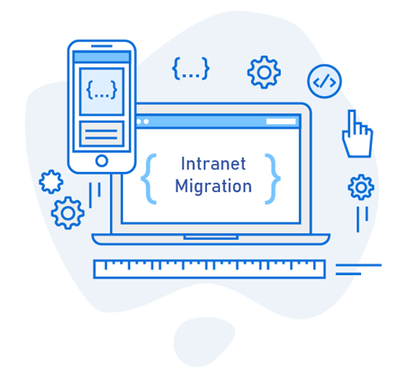 A graphic of a computer that says intranet migration on the monitor